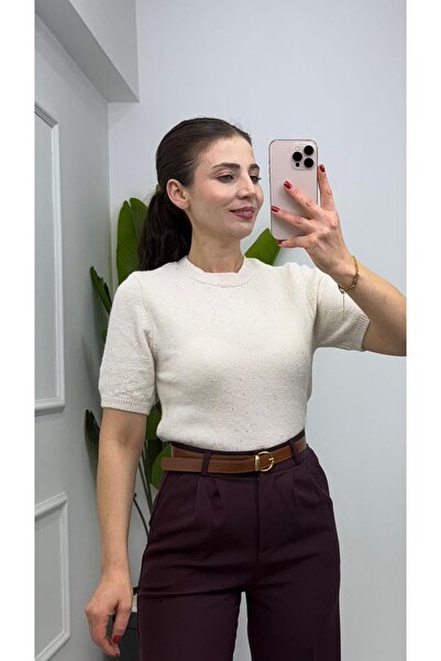 TUNAM BUTİK 4818 Crew Neck Sequin Detailed Knitwear Cream