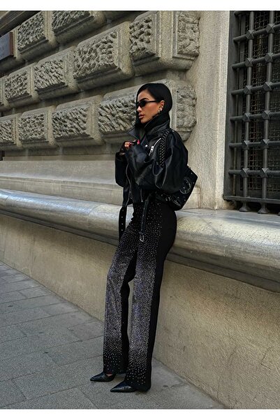 GLAMMOSS L'Atelier Taş Detaylı Siyah Yüksek Bel Palazzo Jean GLM-586