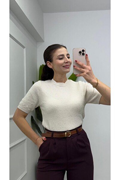 TUNAM BUTİK 4818 Crew Neck Sequin Detailed Knitwear Cream