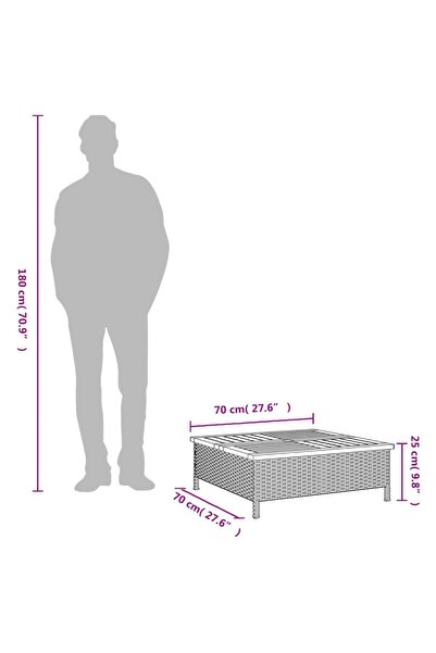 vidaxl Garden Table Black 70x70x25 cm Rattan and Acacia Wood