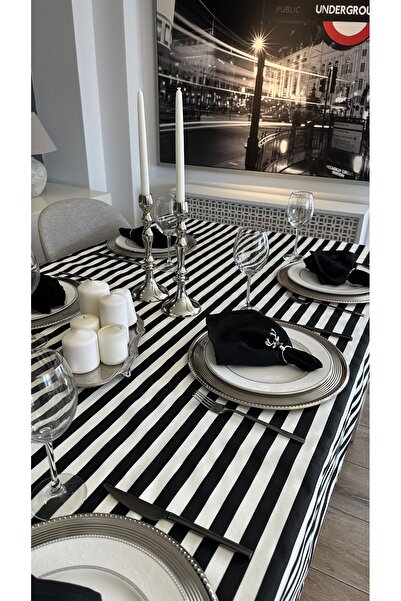 Decamor home Leke Tutmaz Sıvı Geçirmez Siyah Beyaz Çizgili Dertsiz Masa Örtüsü