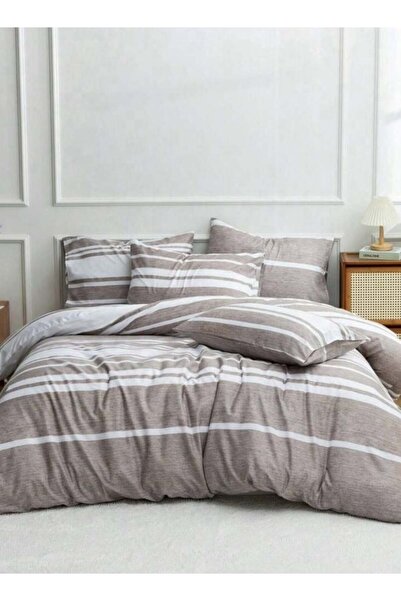 LUNA HOME طقم سرير مخطط بني فاتح، مقاس كينج، مكون من 6 قطع