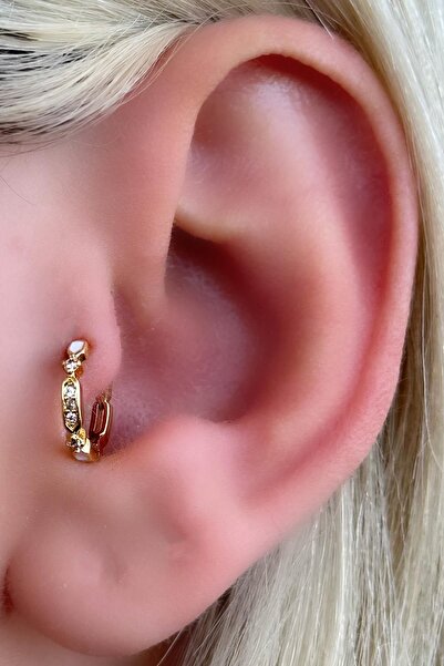 TAKIŞTIR Altın Renk Taş Detaylı Halka Çelik Tragus/Kıkırdak Küpe/Piercing (Tek)
