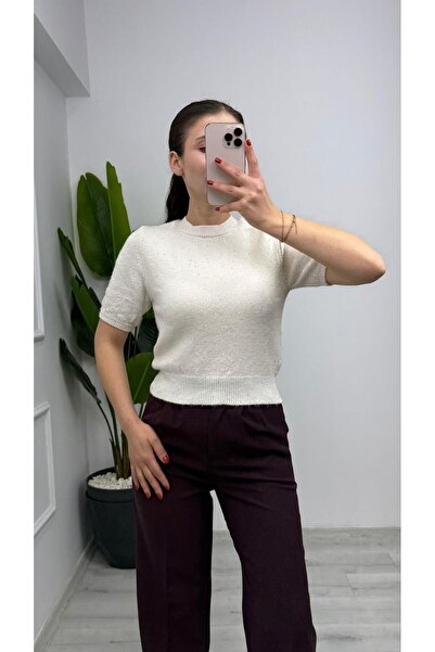 TUNAM BUTİK 4818 Crew Neck Sequin Detailed Knitwear Cream