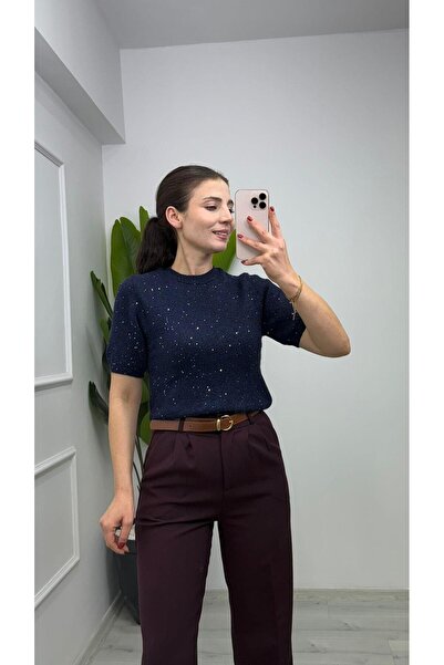 TUNAM BUTİK 4818 Bisiklet Yaka Pul Detaylı Triko Lacivert