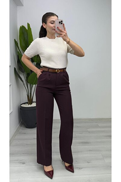 TUNAM BUTİK 1087 Elastic Waistband Palazzo Pants Burgundy