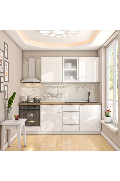 DEKOREX Elsa Serisi 225 Cm Beyaz Fırın Modüllü Meşe Tezgahlı Hazır Mutfak Ls-...