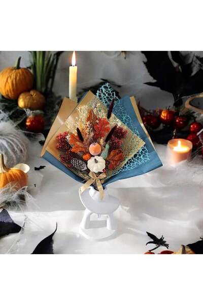 velve Buchet Floral de Halloween Amber Dream, cu Broom și Lagurus Criogenat, Dovleci,Ghinde și Ciupercuțe