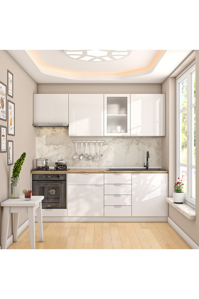 DEKOREX Elsa Serisi 225 Cm Beyaz Aspiratör Ve Fırın Modüllü Meşe Tezgahlı Haz...