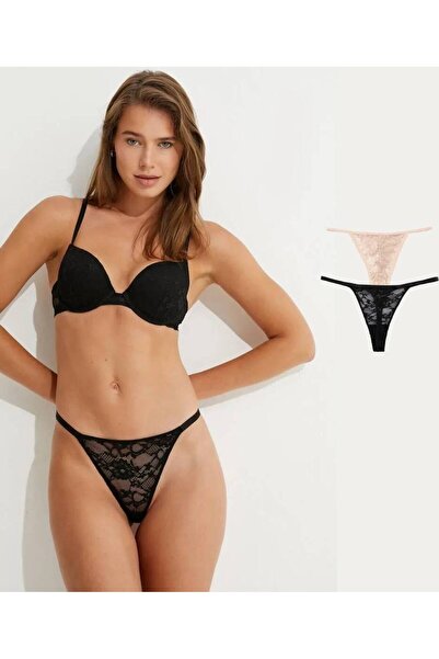 VEGA Дамски черен дантелен еластичен стринг 2 броя