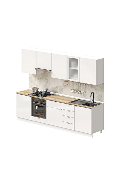 DEKOREX Elsa Serisi 285 Cm Beyaz Aspiratör Ve Fırın Modüllü Meşe Tezgahlı Hazır Mutfak Ls-285asp-mt