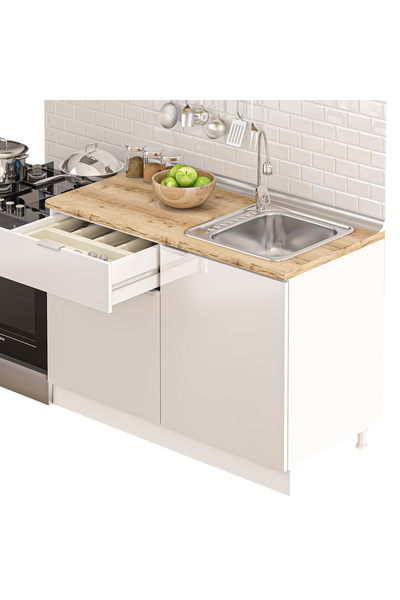 DEKOREX ELSA SERİSİ DAVLUMBAZ MODÜLLÜ MEŞE TEZGAHLI BEYAZ HAZIR MUTFAK 120 CM