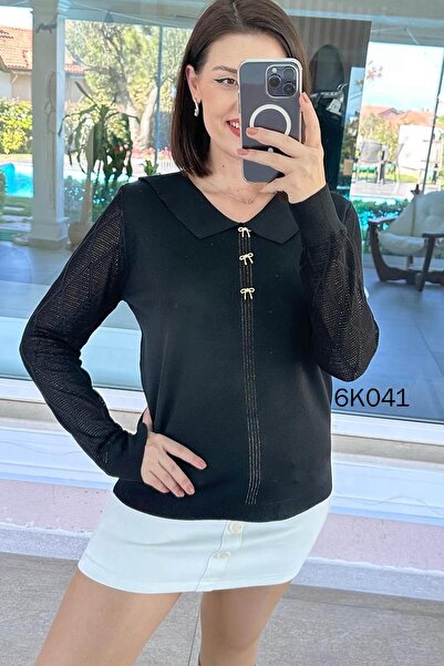 İnce Topuk بلوزة تريكو مخرمة بتفاصيل ياقة 6k041