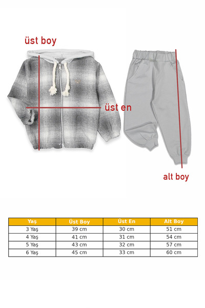 HK HOPKİDS Boys' Plaid Patterned Hooded Winter Top and Bottom Set