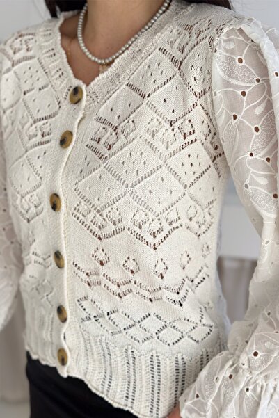 FEMELLE White Scallop Lace Detailed Buttoned Knitwear Cardigan Standard Size