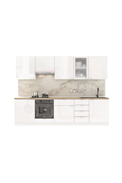 DEKOREX Elsa Serisi 285 Cm Beyaz Aspiratör Ve Fırın Modüllü Meşe Tezgahlı Hazır Mutfak Ls-285asp-mt