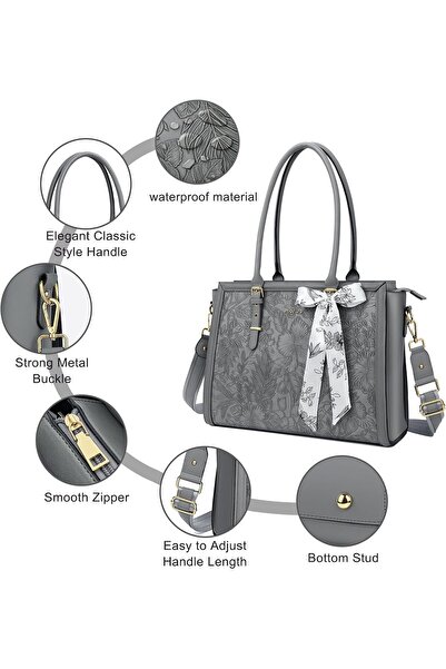 Mosiso Laptop Bag for Women, PU Leather Tote Bag, Front Embossed Retro Hibiscus Computer Bag with Si