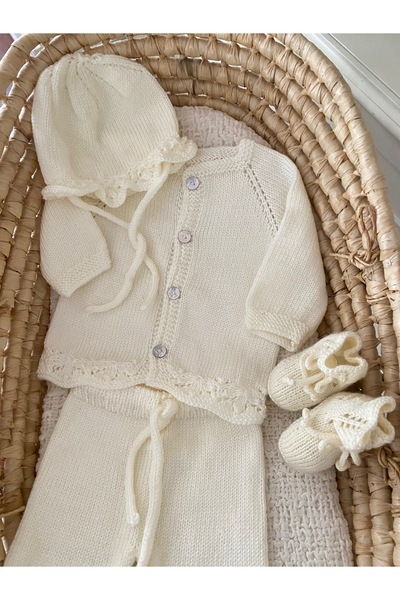 Florijee Triko Ajurlu Bebek Hırka-Pantolon-Patik Seti Sarı