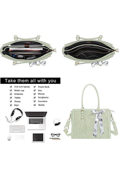 Mosiso Laptop Bag for Women, PU Leather Tote Bag, Front Embossed Retro Hibiscus Computer Bag with Si