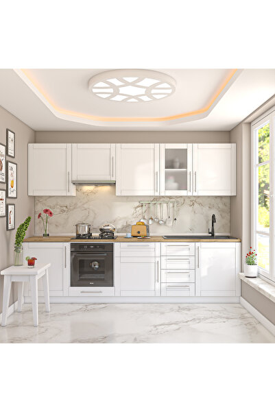 DEKOREX Pia Beyaz 285 Cm Beyaz Aspiratör Ve Fırın Modüllü Meşe Tezgahlı Hazır...