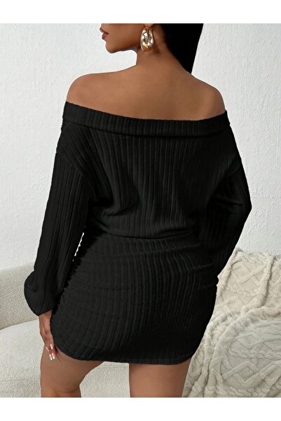 Sisa Butik Kadın Uzun Kollu Madonna Yaka Yanlardan Büzgülü şardonlu Kaşkorse Mini Elbise