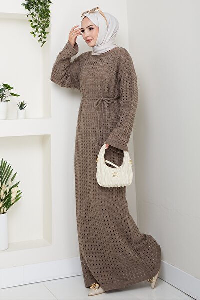 Bestenur Kemerli Dantel Detay Astarlı Triko Elbise 1602 - Açık Kahve