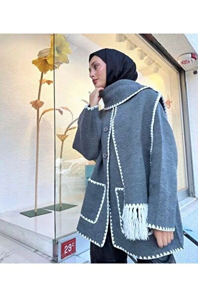 Cemre Life Πλεκτό μπουφάν με κασκόλ με λεπτομέρειες κεντήματος