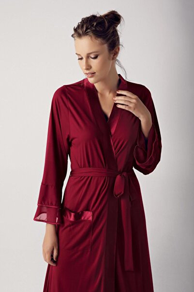 Artış Collection Women's Long Chiffon Satin Detailed Long Sleeve Viscose Dressing Gown 8600