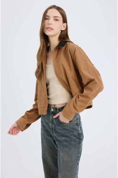 DeFacto Kadın Ceket Mont Kahverengi Reto Regular Fit Kontrast Yakalı Fermuarlı Cepli Pamuklu