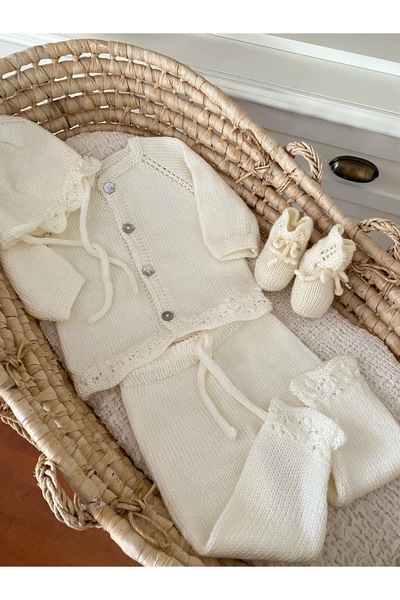 Florijee Triko Ajurlu Bebek Hırka-Pantolon-Patik Seti Sarı