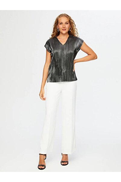 Faik Sönmez V Yaka Gümüş Baskılı Piliseli Abiye Bluz BLZ026-26K SİYAH