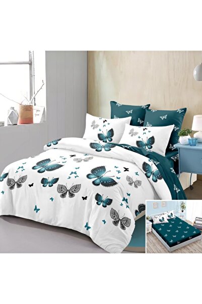 OEM Lenjerie de pat, 2 persoane, finet, 6 piese, cu elastic, alb și albastru, cu fluturi, LEL292