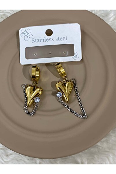 BY YASİN TOPÇU Çelik Kalp Zinciri Sallantılı Halka Küpe – Altın & Gümüş Ahenk