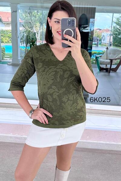 İnce Topuk V-Neck Patterned Knitwear Blouse 6K025