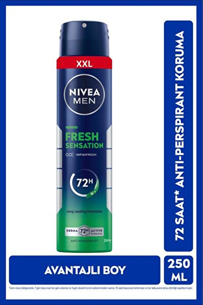NIVEA MEN Erkek Sprey Deodorant Fresh Sensation 250ml, 72 Saat Anti-perspirant Ter Koruması, Avantajlı Boy