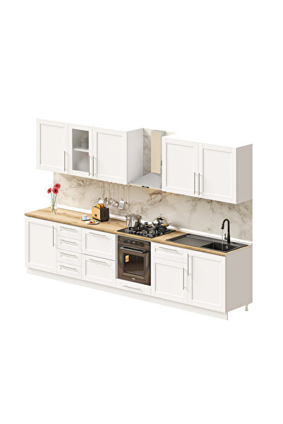 DEKOREX Pia Beyaz 345 Cm Beyaz Fırın Ve Çekmece Modüllü Meşe Tezgahlı Hazır Mutfak PB-345dav-c-mt