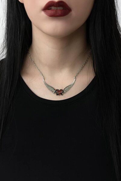 Herşey Nota قلادة على شكل قلب أحمر قوطي بأجنحة النسر - تصميم خاص للجنسين مع س...