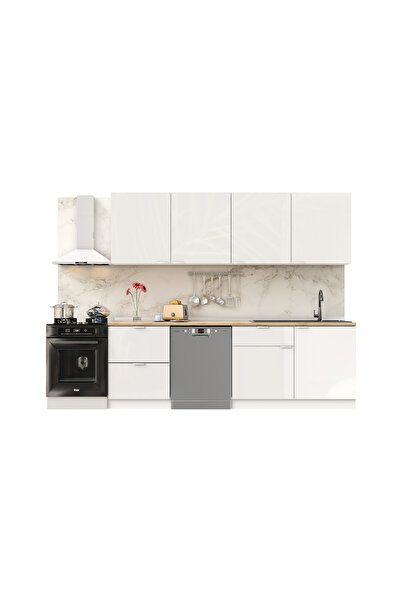 DEKOREX Elsa Serisi 240 Cm Beyaz Çekmece Modüllü Meşe Tezgahlı Hazır Mutfak Ls-240dav-bc-mt