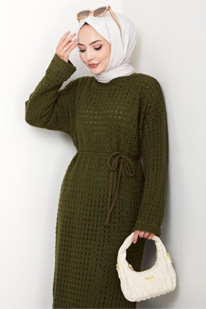 Bestenur Belted Lace Detail Lined Knitwear Dress 1602 - Khaki