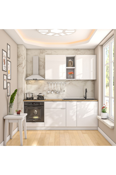 DEKOREX Elsa Serisi 210 Cm Beyaz Fırın Modüllü Meşe Tezgahlı Hazır Mutfak Ls-...