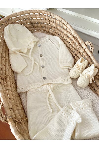 Florijee Triko Ajurlu Bebek Hırka-Pantolon-Patik Seti Sarı