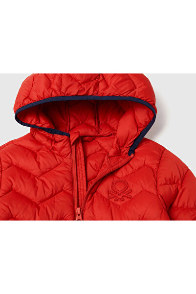 United Colors of Benetton Baby Boy Red Logo Detailed Hooded Seasonal Thin Coat
