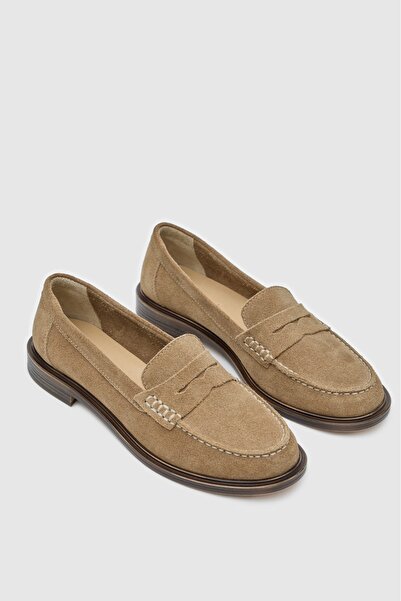 Lara Lofi bej rengi hakiki süet deri kadın loafer ayakkabı 7701