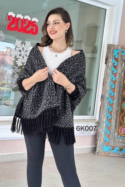 İnce Topuk Tasseled Patterned Knitwear Poncho 5K329
