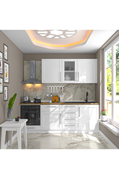 DEKOREX Pia Beyaz Serisi 225 Cm Beyaz Fırın Modüllü Meşe Tezgahlı Hazır Mutfa...