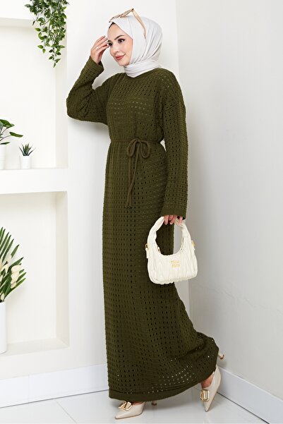 Bestenur Belted Lace Detail Lined Knitwear Dress 1602 - Khaki
