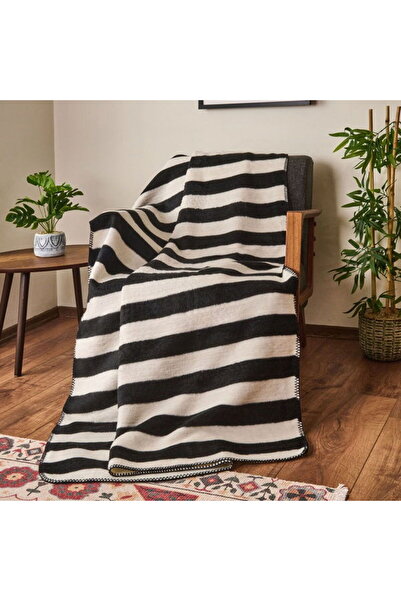 Evidea Soft Çizgili Pamuklu Tv Battaniyesi - Siyah / Beyaz - 130x170 cm