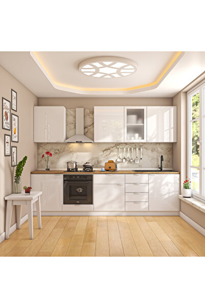 DEKOREX Elsa Serisi 285 Cm Beyaz Fırın Modüllü Meşe Tezgahlı Hazır Mutfak Ls-...