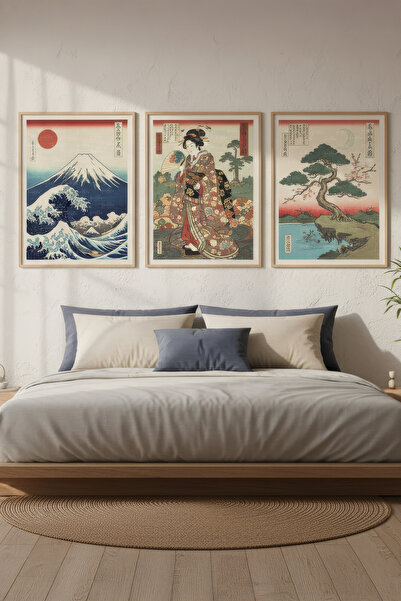 Tontilika Japon Ukiyo-e Klasik Sanat 3’lü Ahşap Çerçeveli Tablo Seti