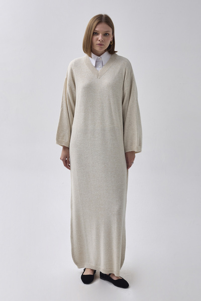 ZÜLAYS V Yaka Triko Elbise Taş